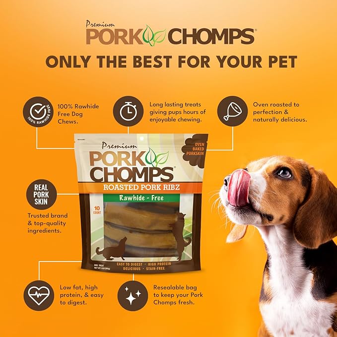 Pork Chomps Roasted Pork Skin Dog Chews, 6-inch Rib Shapes, 10 Count (Pack of 2)