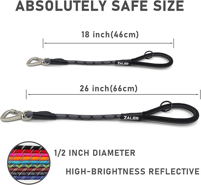 ZALER Short Dog Leash, 18 Inches Rope Traffic Leashes for Dogs, Reflective Dog Lead with O-Ring, Heavy Duty Pet Leash for Large and Medium Dogs (18" Black Gray)