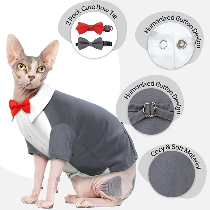QBLEEV Cat Tuxedo Suit, Sphynx Cat Suit for Cat with Two Bow Tie, Cat Tuxedo Outfit for Birthday Photo Shoot, Formal Onesie Attire Wedding Costumes for Kitten, Male Cat Clothes for Hairless Cats Only
