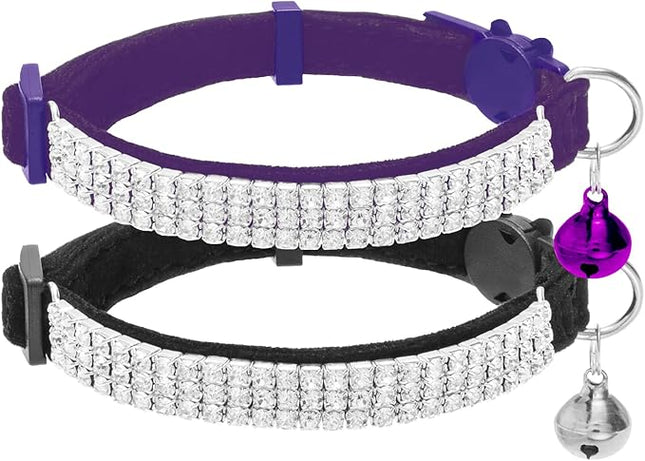 EXPAWLORER Soft Velvet Safe Cat Collars for Girl Cats -2 Pack Rhinestones Bling Diamante Adjustable Collars Breakaway- Chirstmas Cat Clollar Gifts with Bells for Boy Cats Kitty and Small Dogs