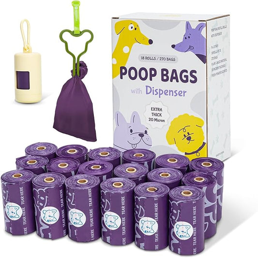 270 Count Scented Dog Poop Bags Rolls, 20 Micron Ultra Thick, Heavy Duty Tear Resistant Leak Proof for Yuck-Free Cleanup, Includes Dispenser & Leash Clip, 9 x 13 Inch, Duty Doodle (Purple)