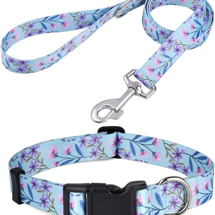 Dog Collar and Leash Set with Bohemia Floral Tribal Geometric Patterns - Soft Ethnic Style Collar Adjustable for Small Medium Large Dogs(Pink + Purple Floral Set,M)