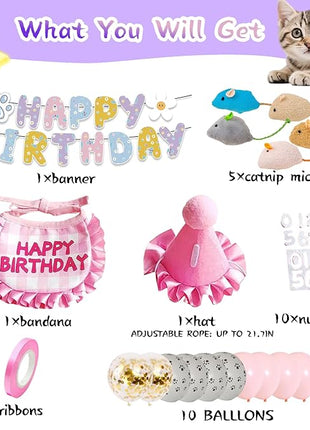 Cat Birthday Gift Set: Outfit Party Hat with Number,Bandana, Catnip Mice Toy, Decoration Bundle with Balloons&Banner suitable for Boy & Girl Kitten-Pink