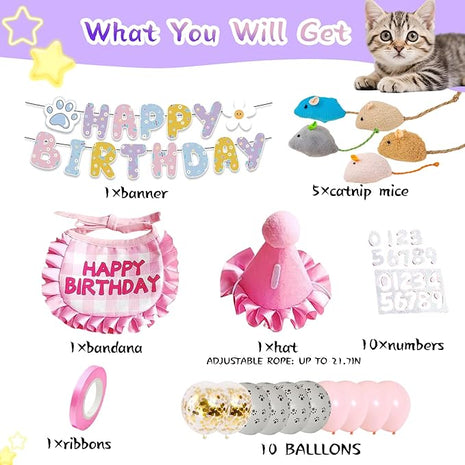 Cat Birthday Gift Set: Outfit Party Hat with Number,Bandana, Catnip Mice Toy, Decoration Bundle with Balloons&Banner suitable for Boy & Girl Kitten-Pink
