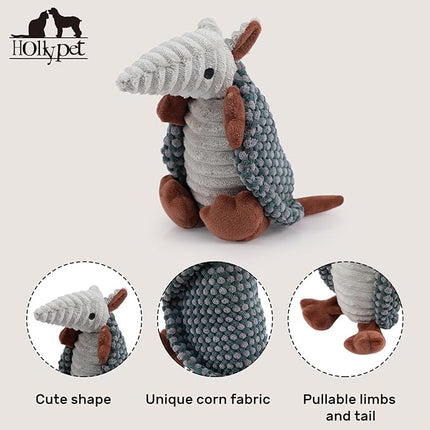 Hollypet Plush Dog Squeaky Toy Stuffed Armadillo Animal Pet Puppy Chew Toys with Clean Teeth for Small Medium Large All Breed Sizes Dogs, Light Gray and Dark Green,8 in