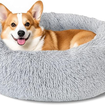 Dog Calming Beds for Small Medium Dogs - Round Donut Washable Dog Bed, Anti-Slip Faux Fur Fluffy Donut Cuddler Anxiety Cat Bed(Light Grey 28")