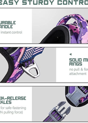 BUMBIN Tactical Dog Harness for Large Dogs No Pull, Famous TIK Tok No Pull Dog Harness, Fit Smart Reflective Pet Walking Harness for Training, Adjustable Dog Vest Harness with Handle Purple Camo L