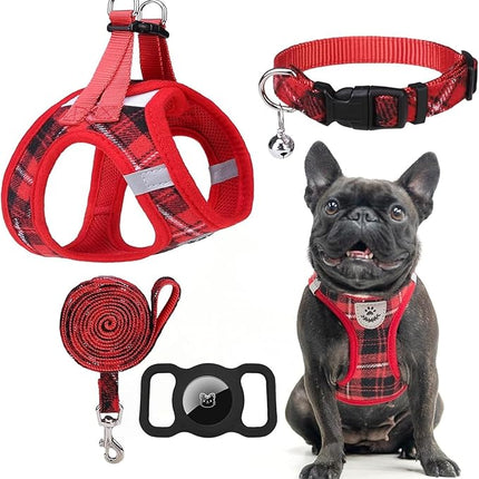 EXPAWLORER Classic Plaid Puppy Harness - Small Dog Harness and Leash Set - Dog Collar and Leash Set with AirTag Holder, Soft Padded Step in Dog Vest Harness No Pull Reflective for Outdoor, Red M