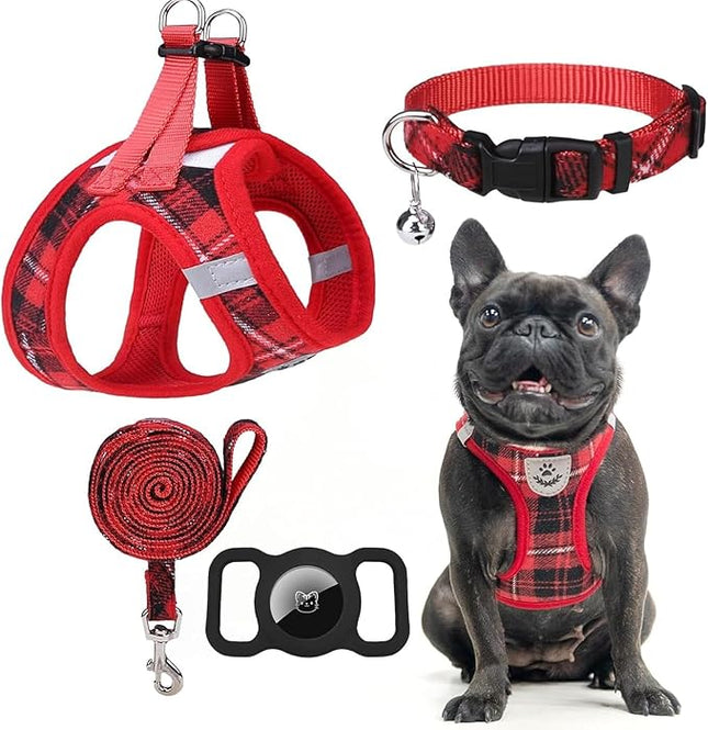 EXPAWLORER Classic Plaid Puppy Harness - Small Dog Harness and Leash Set - Dog Collar and Leash Set with AirTag Holder, Soft Padded Step in Dog Vest Harness No Pull Reflective for Outdoor, Red M