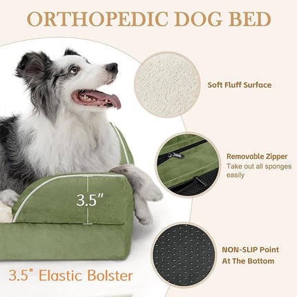 Comfort Expression Orthopedic Dog Bed for Medium Dogs 28x19 Inch, Waterproof Egg Crate Foam Medium Pet Bed with Removable Bolsters, Dog Couch with Washable Cover & Non-Slip Bottom, Light Green