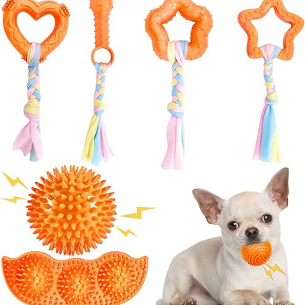 6 Pack Puppy Teething Toys Cute Orange Puppy Chew Toys for Teething Durable Small Dog Chew Toy for Puppies Small Dog Squeaky Balls Interactive Soft Rubber Rope Doggy Chews Toy Set