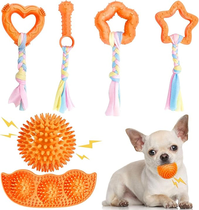 6 Pack Puppy Teething Toys Cute Orange Puppy Chew Toys for Teething Durable Small Dog Chew Toy for Puppies Small Dog Squeaky Balls Interactive Soft Rubber Rope Doggy Chews Toy Set