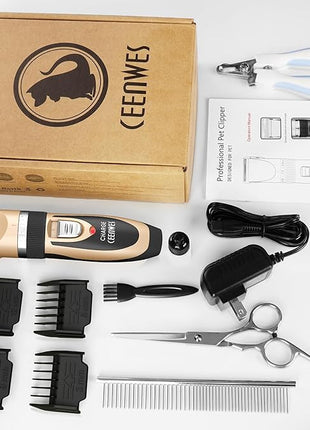 Ceenwes Dog Clippers Low Noise Pet Clippers Rechargeable Trimmer Cordless Grooming Tool Professional Dog Hair Trimmer with Comb Guides Scissors for Dogs Cats & Others（Gold）
