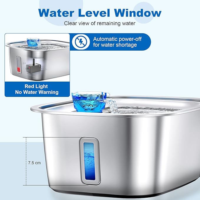 Large Dog Water Fountain Stainless Steel, 3 Gallon Pet Water Fountain with Visual Window, Dog Water Dispenser Automatic Waterer Bowls for Drinking with 2 Filters for Cats, Dogs, Multiple Pets