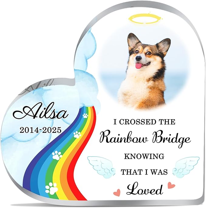 Custom Pet Memorial Plaque Gifts Rainbow Bridge Dog Memorial Gifts Personalized Pet Heart Shape Acrylic Plaque Pets Loss Sympathy Gift Dog Passed Away Gifts Cat Sympathy Bereavement Remembrance Gift