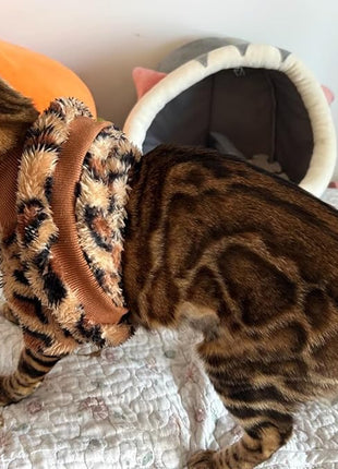 Cat Leopard Double-Sided Fleece Pullover, Soft Warm Clothes for Hairless Sphynx, Devon & All Indoor Kittens in Winter (Leopard,L)