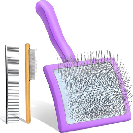 Long Pin Dog Slicker Brush for Long Haired Dogs, Removes Loose Hair, Tangles and Knots, Professional Pet Grooming Kit, Purple