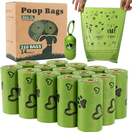 Dog Poop Bags XL Rolls: Leak-Proof Unscented Poop Bags with Dispenser for Doggy Dogs 14 Rolls (210 Count)- Green