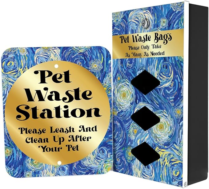 DISPENSE-ART™ collection "Starry Night" - Custom UV printed design on rust-proof aluminum starter dog waste station/roll bag system - Includes 400 dog waste bags & 10x12 Sign