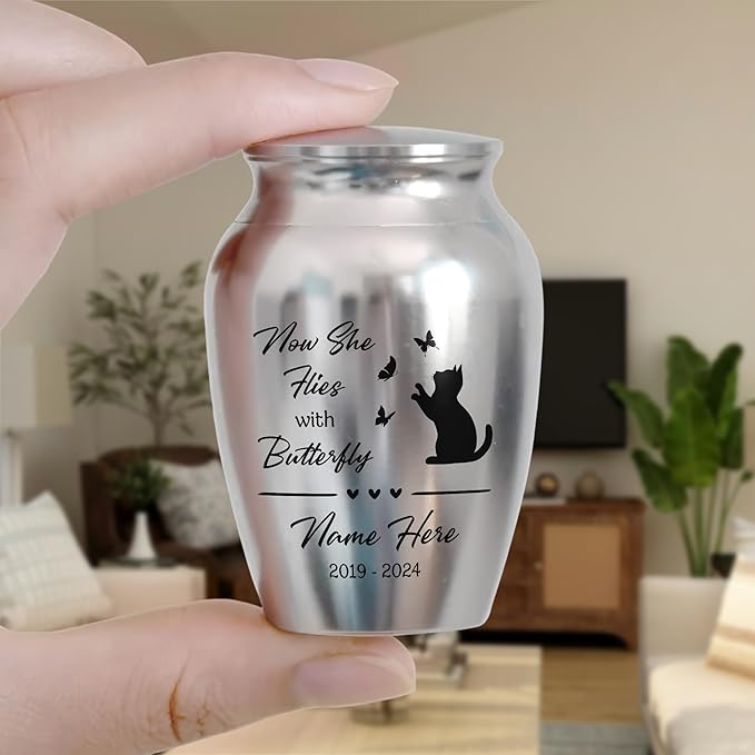 Artsy Woodsy Personalized Pet Memorial Mini Urns - Stainless Steel Decorative Keepsake Urns for Ashes, 2.56 inch, Gifts for Cat Lovers in Loving Memory