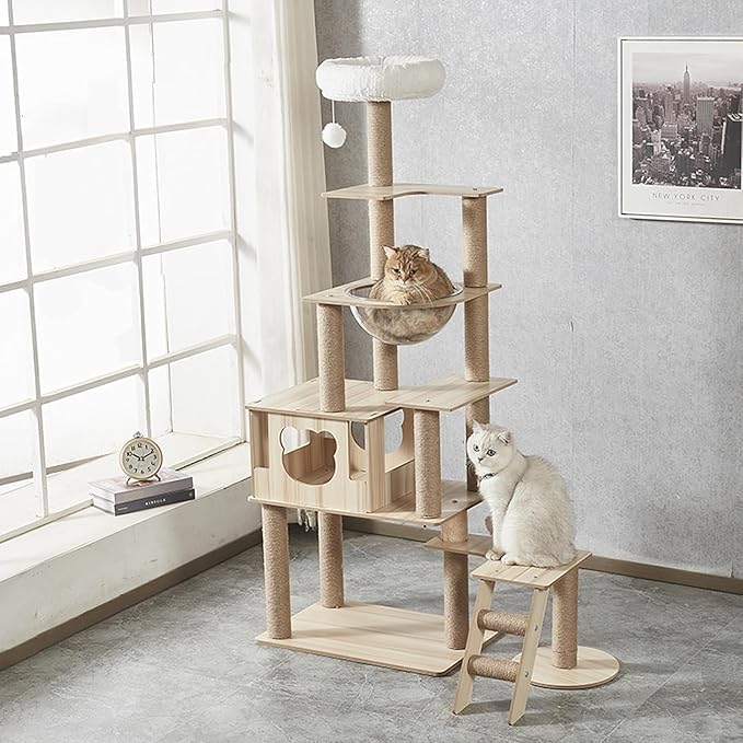 65-Inch Multi-Pure Wood-Level Cat Tree Tower with Condo, 13 Scratching Posts, with Padded Platform Bed, Toy Balls, and Sisal Scratching,Cat Tree for Indoor Cats Large Adult，Wood cat Tree.