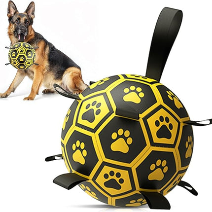 Diman Dog Balls Toys: Soccer Balls for Dogs with Straps, Outdoor Dog Toys, Waterpool Ball, Interactive, Training, Pet Birthday Gifts for Smll Medium Large (Black,Yellow)