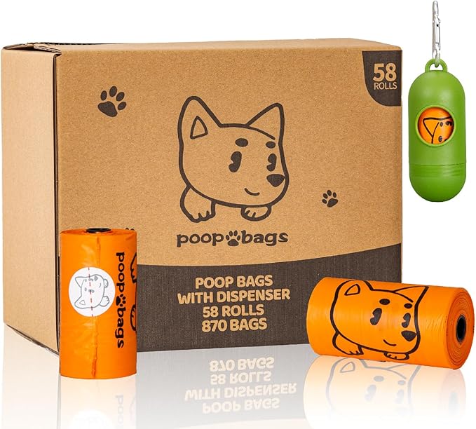 870 Counts Dog Poop Bags Rolls with Dispenser & Leash Clip, Scented Poop Bags for Dogs Waste, Extra Thick & Leak Proof for Poop Doggie Puppy Pet Waste, 9" x 13", Orange