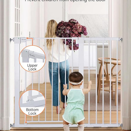 COMOMY 36" Extra Tall Baby Gate for Stairs Doorways, Fits Openings 29.5" to 46" Wide, Auto Close Extra Wide Dog Gate for House, Pressure Mounted Easy Walk Through Pet Gate with Door, White