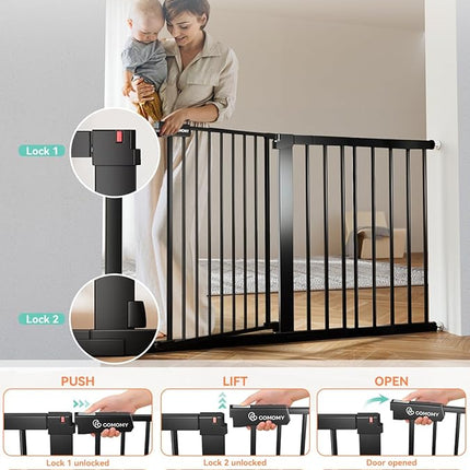 COMOMY 30" Tall Baby Gate for Stairs Doorways, Fits Openings 29.5" to 51.6" Wide, Auto Close Extra Wide Dog Gate for House, Pressure Mounted Easy Walk Through Pet Gate with Door, Black