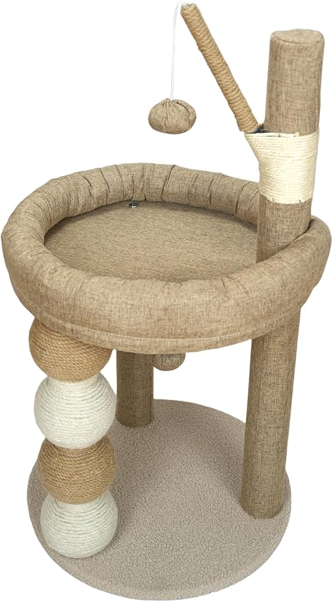 30-in Small Cat Tree Tower with Sisal Scratching Posts, Padded Platform, Dangling Toy - Perfect Small Cat Tower for Indoor Cats - Beige