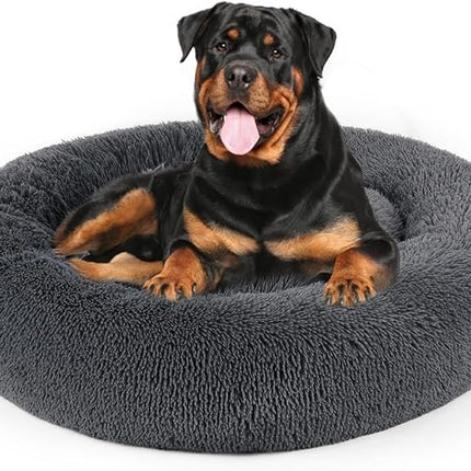 Dog Bed, Cat Calming Bed, Faux Fur Pillow Pet Donut Cuddler Round Plush Bed for Large Medium Small Dogs and Cats (Dark Grey, 44.0" L x 44.0" W x 7.0" Th)