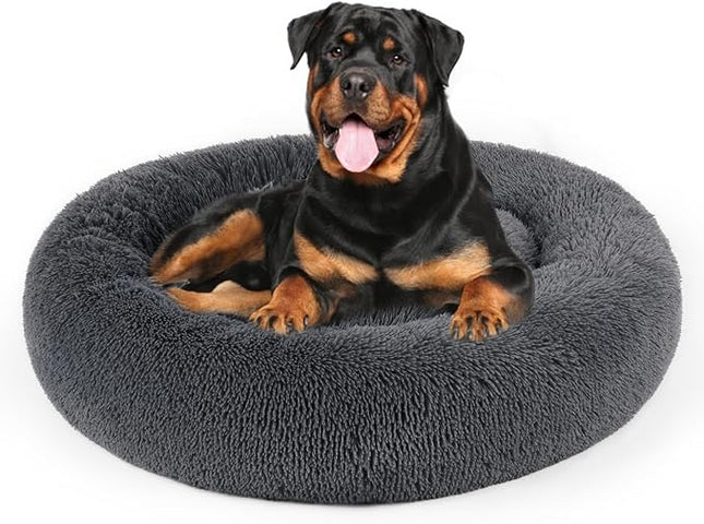 Dog Bed, Cat Calming Bed, Faux Fur Pillow Pet Donut Cuddler Round Plush Bed for Large Medium Small Dogs and Cats (Dark Grey, 44.0" L x 44.0" W x 7.0" Th)