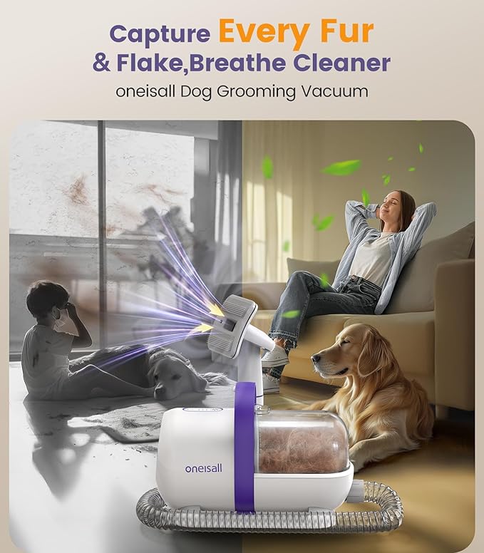 oneisall Dog Hair Vacuum & Dog Grooming Kit/Low Noise Dog Grooming Vacuum12kpa,Dog Vacuum for Shedding Grooming for Pet Hair&Home Cleaning