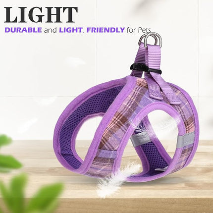 EXPAWLORER Classic Plaid Puppy Harness - Small Dog Harness and Leash Set - Dog Collar and Leash Set with AirTag Holder, Soft Padded Step in Dog Vest Harness No Pull Reflective for Outdoor, Purple XXS