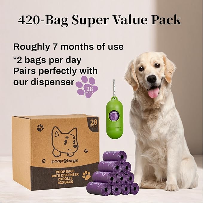 420 Count Dog Poop Bags Rolls with Dispenser & Leash Clip, 9″ x 13″ Scented Biodegradable Leak Proof Poop Bags for Dogs, Cats & Pet Waste, 28 Refill Rolls of 15, Purple