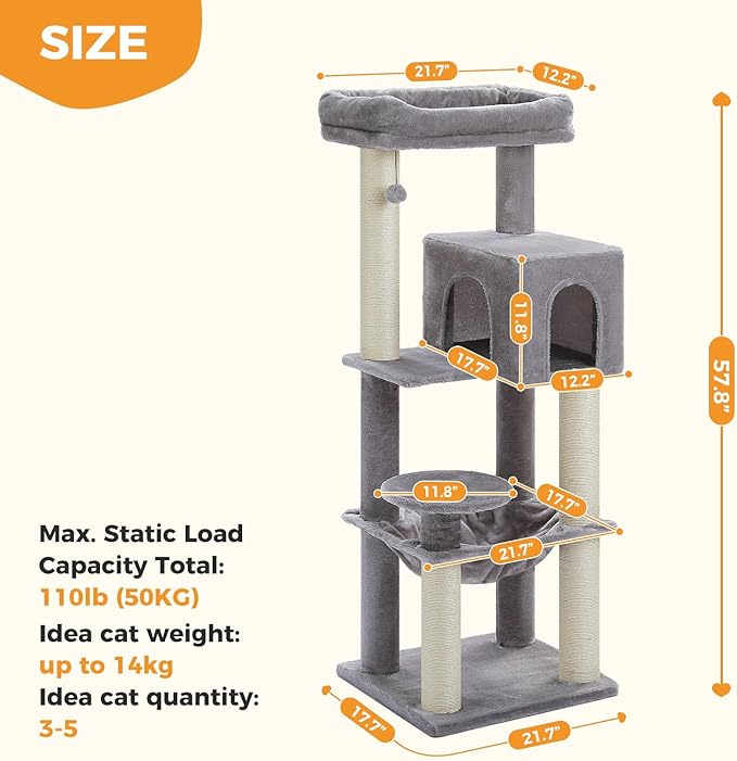 Large Cat Tree with Reinforced Scratching Posts (φ3.7in) for Big Adult Cats 30 lbs, 57.8" Heavy Duty Cat Tower with Larger Hammock and Condo, Cat Furniture for Maine Coon, Plush,Grey