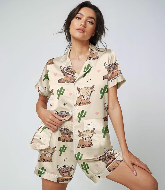 Women’s Silk Satin Pajama Set, Short Sleeve Button Down 2 Piece PJs with Shorts, Cozy Loungewear & Matching Holiday Pajamas