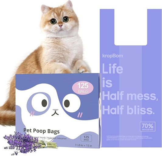 125 Count Cat Litter Bags Lavender Scented with Handles, Disposable Litter Bags for Pet Poop, Extra-Thick Kitty Waste Bags Easy Tie Leak-Proof Strengthen
