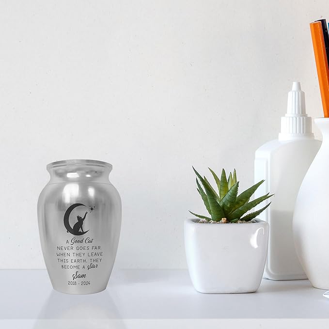 Artsy Woodsy Personalized Pet Memorial Mini Urns - Stainless Steel Decorative Keepsake Urns for Ashes, 2.56 inch, Gifts for Cat Lovers in Loving Memory