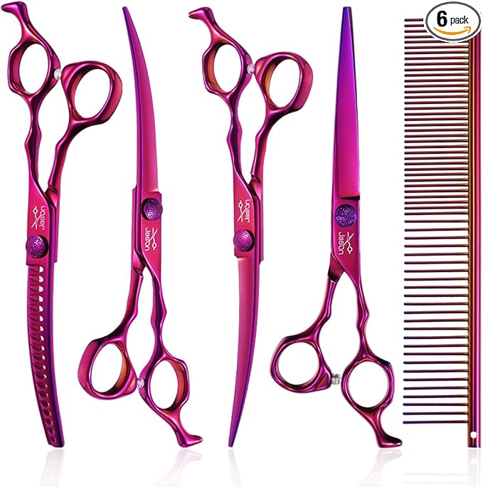 JASON Dog Grooming Scissors Set - Professional 6 in 1 Dog Shears Set - 7" Curved Chunker, 7" Straight, 7" Up-Curved, 7" Down-curved Scissors and Comb for Dog Cat Pet with Adjustable Screw
