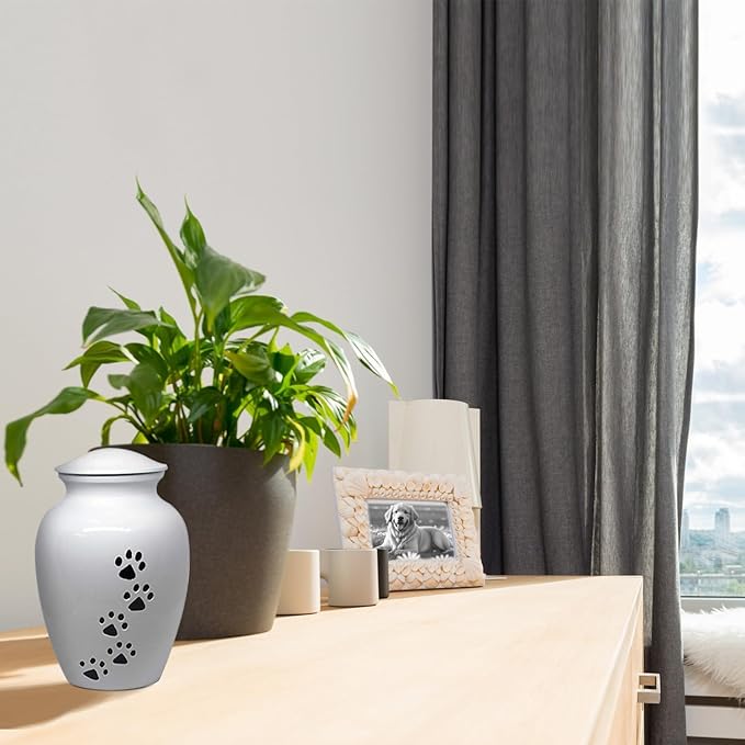 Trupoint Memorials Small Pet Urn for Dogs and Cats Ashes, Paws Print White Cremation Urns for Pets up to 17 lbs