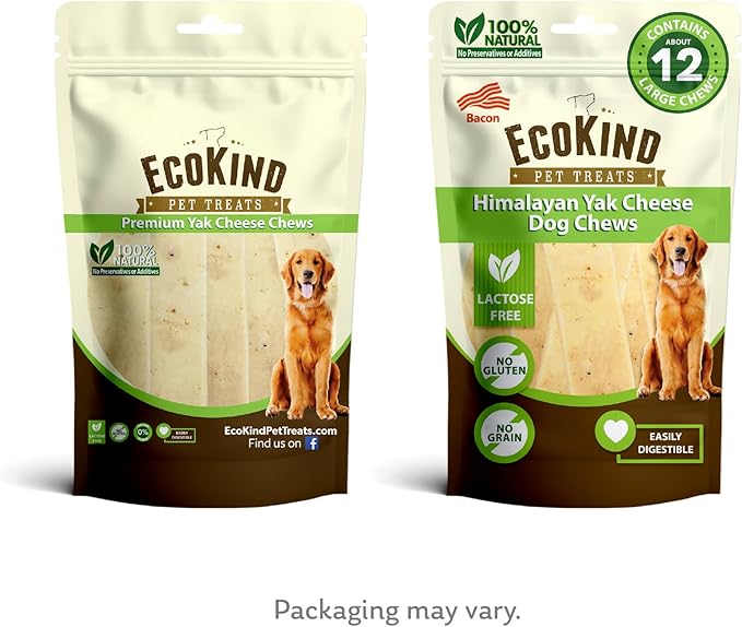 EcoKind Premium Gold Yak Cheese Himalayan Dog Chews, Dog Treats Large Breed, All Natural, High Protein Dog Chew, Bacon, Large - 12+ Chews (3 lbs)