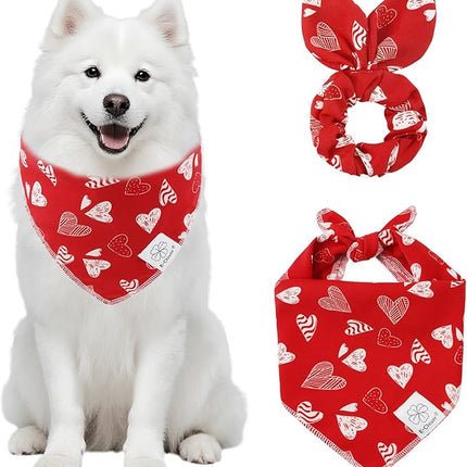 E-Clover Valentines Red Heart Dog Bandanas & Matching Scrunchie Set Cute Girl Dog Scarf Bibs Pet Bandana with Bow Tie for Medium Large Dogs Owner Mom Red