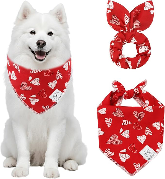 E-Clover Valentines Red Heart Dog Bandanas & Matching Scrunchie Set Cute Girl Dog Scarf Bibs Pet Bandana with Bow Tie for Medium Large Dogs Owner Mom Red