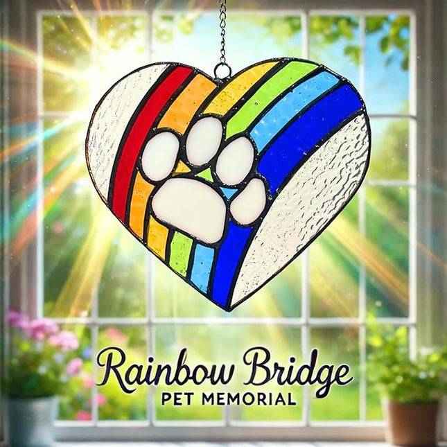 LASTINGTAILS Stained Glass Rainbow Bridge Dog Memorial Gifts for Loss of Dog, Heart Paw Print Suncatcher Loss of Dog Sympathy Gift, Dog Passing Away Gifts, Pet Remembrance for pet Lovers