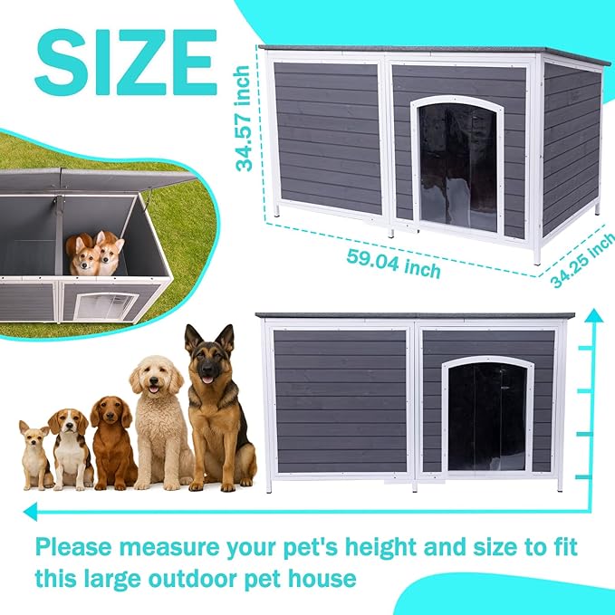 Geguri All-Weather Dog House for Medium to Large Dogs | Weatherproof Asphalt Roof, Chew-Proof Frame, Elevated Base, Extra Large (Grey, 59.1" L × 34.3" W × 34.6" H)