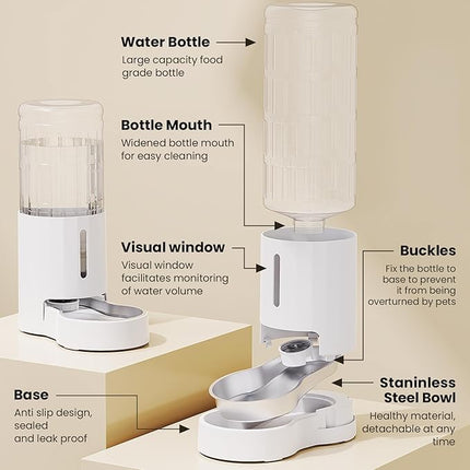 CZPET 2.5 Gallon Dog Water Bowl Dispenser, Automatic Dog and Cat Water Dispenser with Stainless Steel Bowl, Gravity Waterer, Large Capacity, and Quiet Drinking Area for Pets (9.5L,White)