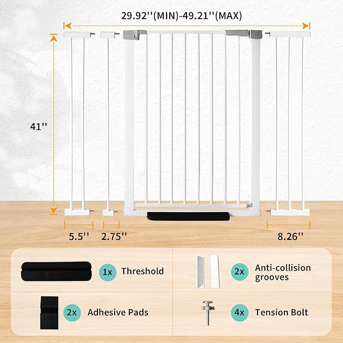 41 Inch Tall Baby Gate Auto Close Dog Gate Adjustable 29.92"-49.21" Wide Pressure Mounted Walk Through Swing Pet Gate for Doorways (White, 29.92"-49.21" Wide)