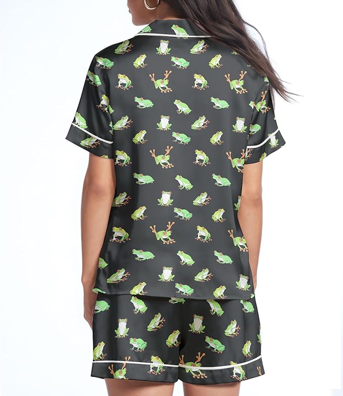 Women’s Silk Satin Pajama Set, Short Sleeve Button Down 2 Piece PJs with Shorts, Cozy Loungewear & Matching Holiday Pajamas