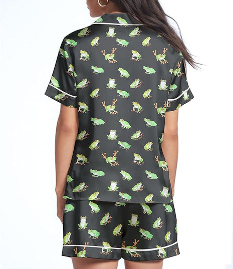 Women’s Silk Satin Pajama Set, Short Sleeve Button Down 2 Piece PJs with Shorts, Cozy Loungewear & Matching Holiday Pajamas